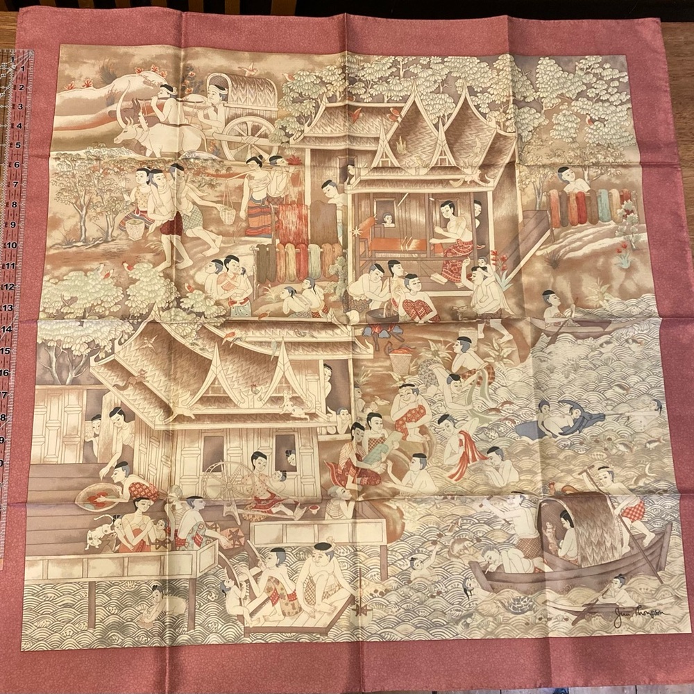 Jim Thompson pristine vintage Silk Scarf with Asian Art in Rose and Cream